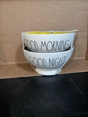 Rae Dunn White Ceramic 'Good Morning' & 'Good Night' Bowl